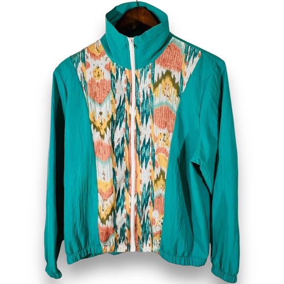 Vintage 80s Windbreaker Jacket Seafoam Green Ikat Print Retro M - Picture 3 of 10